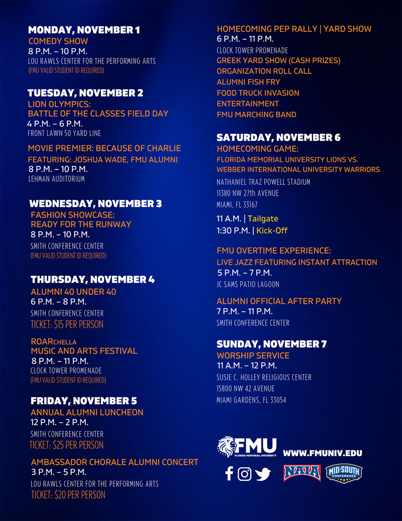 FMU Homecoming 2021 – Alumni Schedule